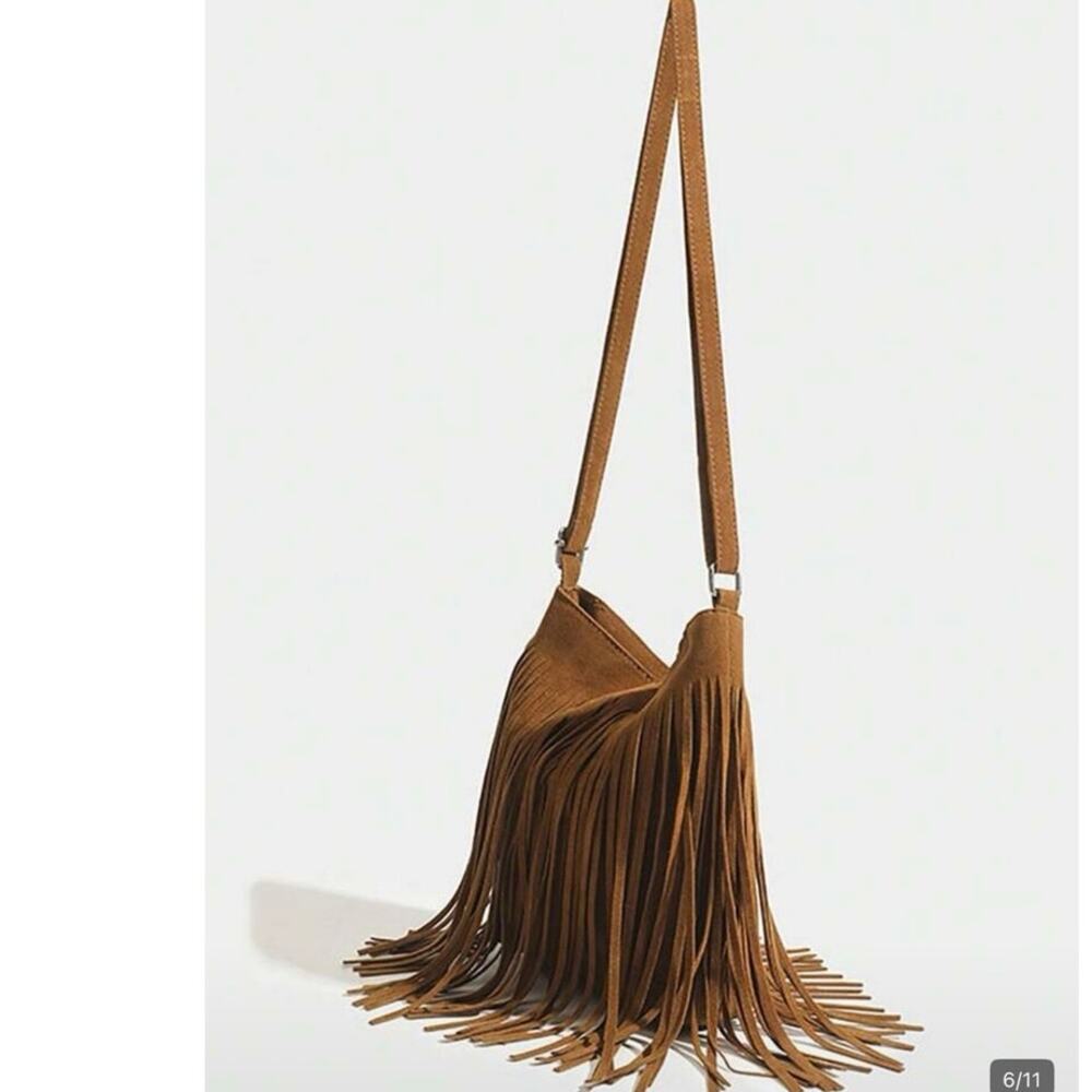 Boho Fringe Small Crossbody Bag Cognac Brown Concert Festival Western Purse NWT - Picture 8 of 10